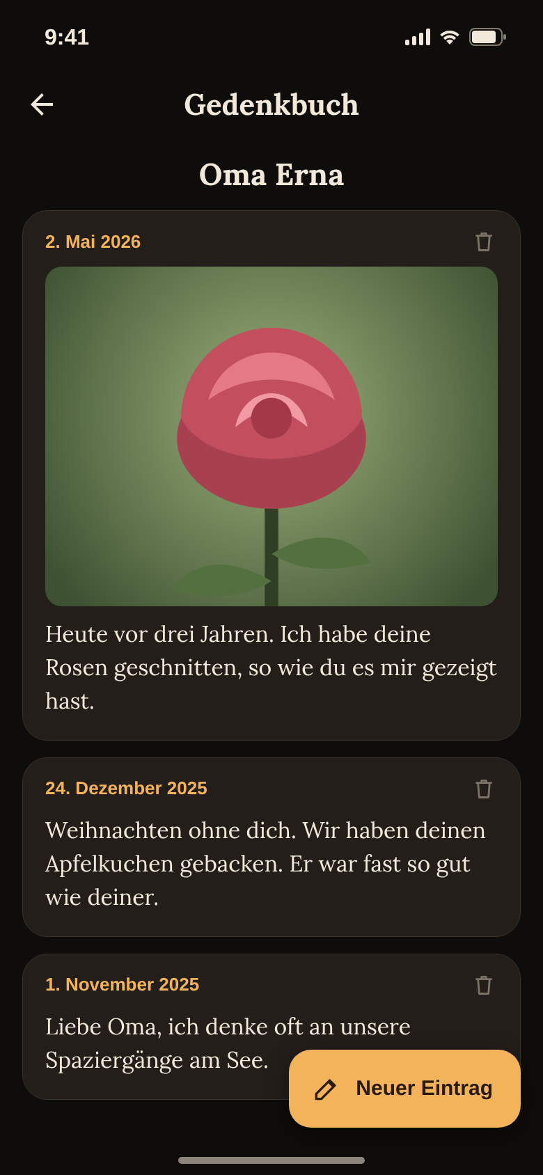 Gedenkbuch mit datierten Einträgen und einem Foto