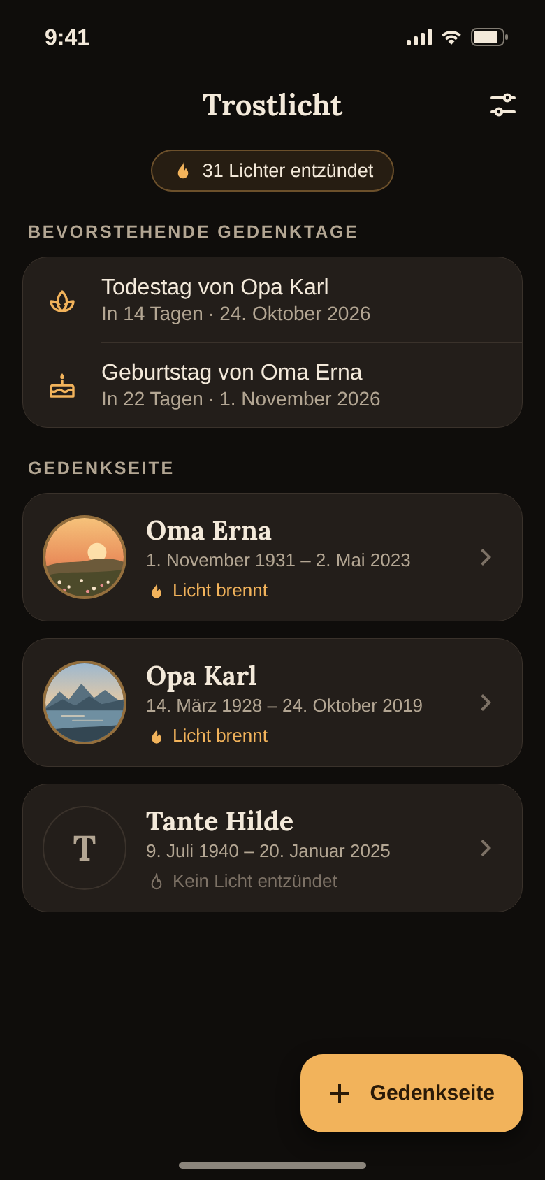 Startseite mit Gedenkseiten, Lichter-Zähler und bevorstehenden Gedenktagen